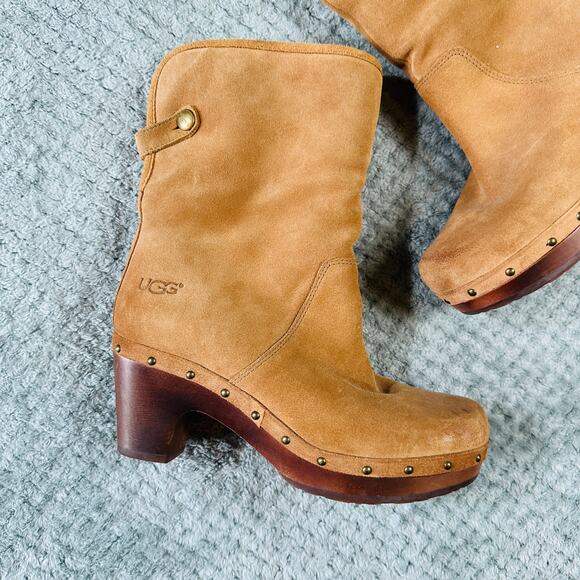 UGG Australia vtg y2k Lynnea Chestnut Brown Studded Wood Clog Sherpa Lined Boot - Picture 2 of 7
